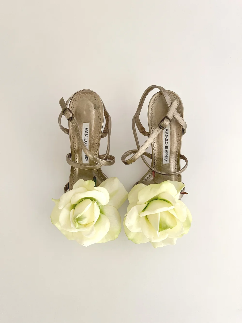 Manolo Blahnik Metallic Sandal Heels With Reworked Rose Accents 