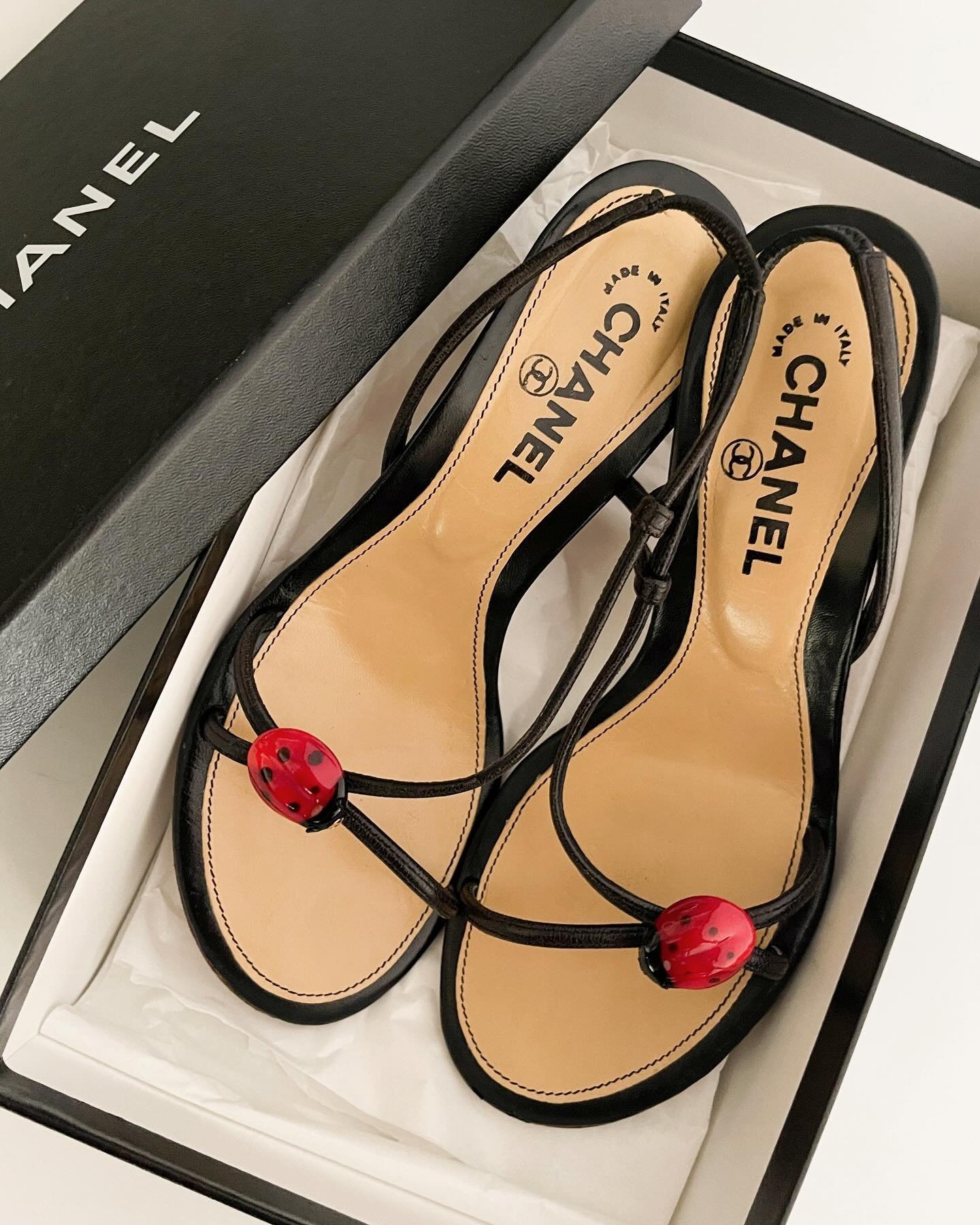 vintage Chanel ladybug sandal heels &amp; other summer treasures 🐞 which pair of heels is your favorite, 1-10? one of our largest shoe collections of the year arrives online in the sororit&eacute; European summer collection Monday, May 27th at 2:00 