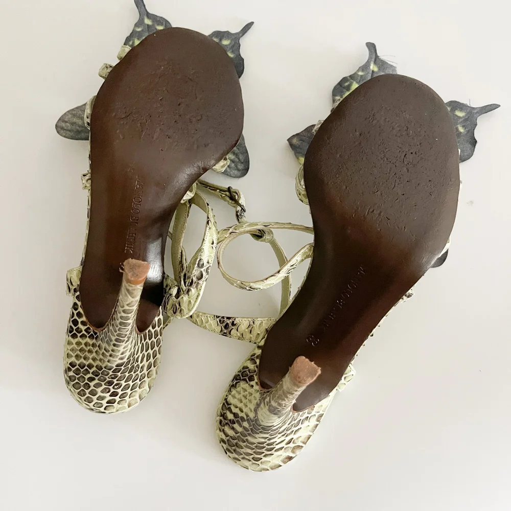 Manolo Blahnik Green Sandal Heels With Reworked Butterfly Accents