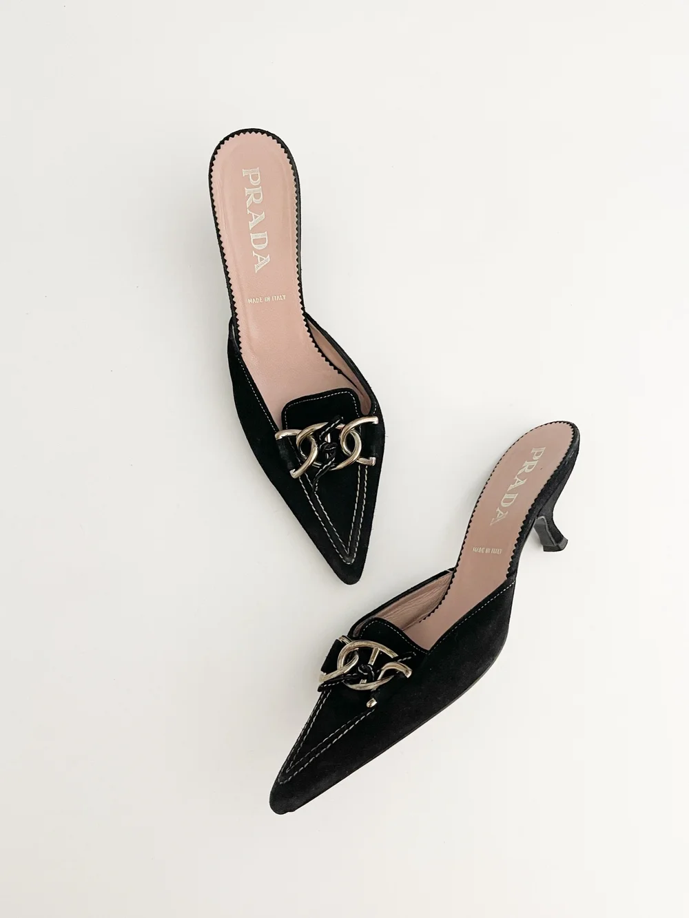 Prada Vintage Black Suede Chain Link Kitten Mule Heels (US 7