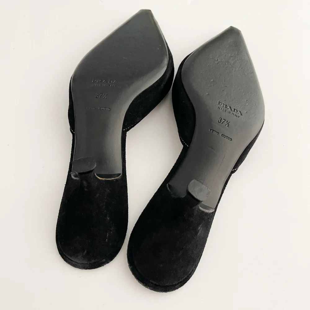 Prada Vintage Black Suede Chain Link Kitten Mule Heels (US 7 / IT