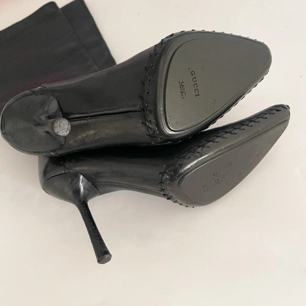 Gucci Black Leather Stitched Knee High Boot Heels (IT 36.5 C