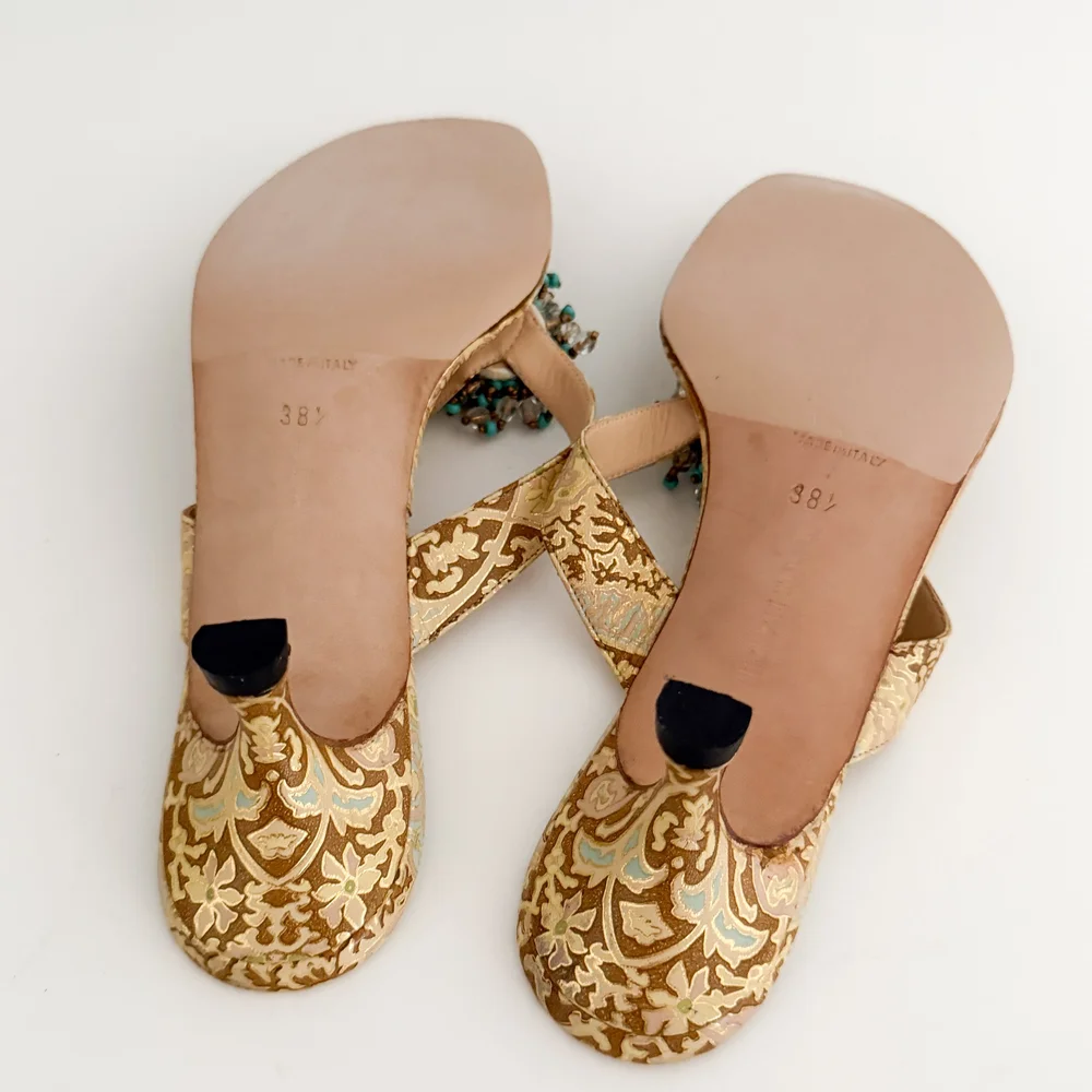 Manolo Blahnik Gold & Turquoise Beaded Sandal Heels (US 7.5 / IT