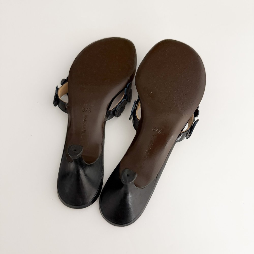 Manolo Blahnik Midnight Floral Thong Kitten Sandal Heels (US