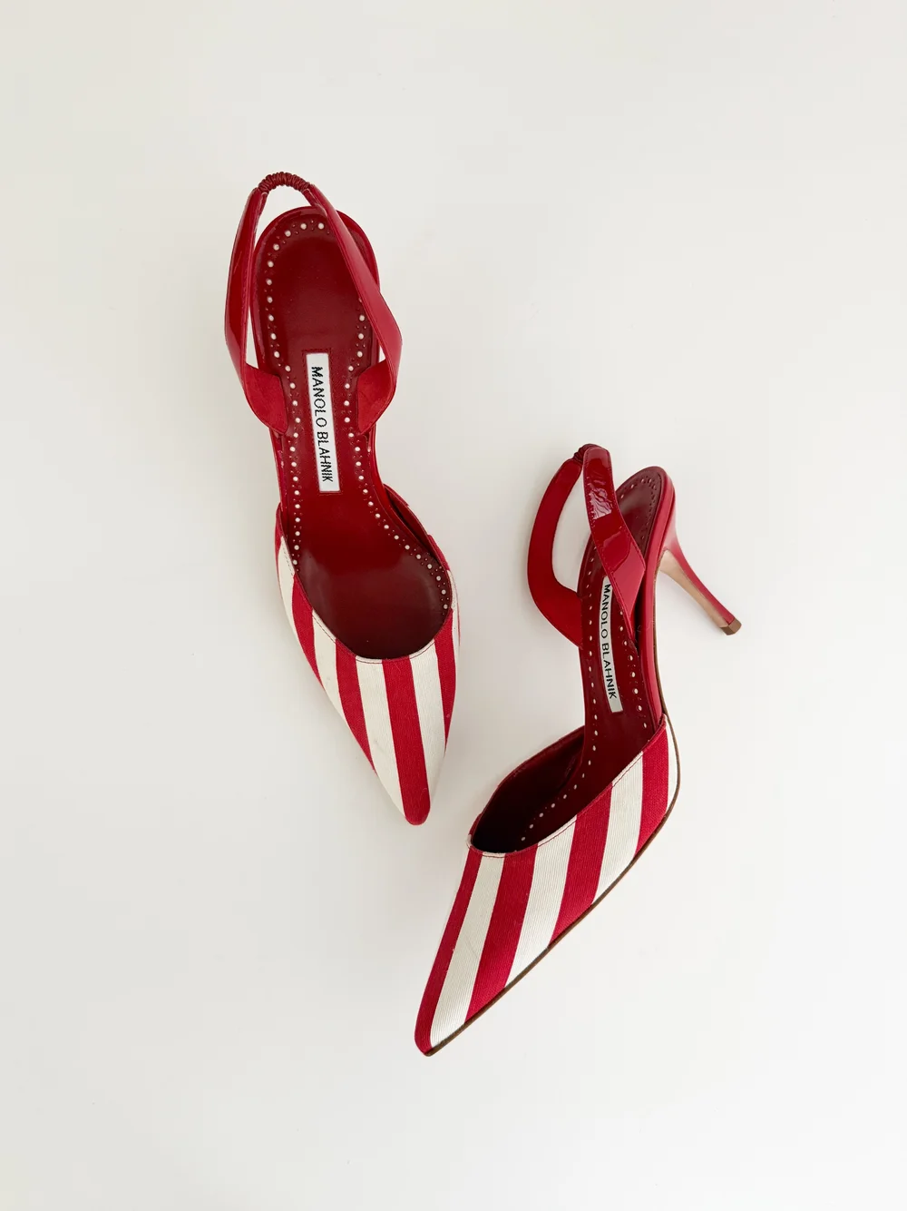 Manolo Blahnik Red & White Stripe Slingback Heels (US 8 / IT 38