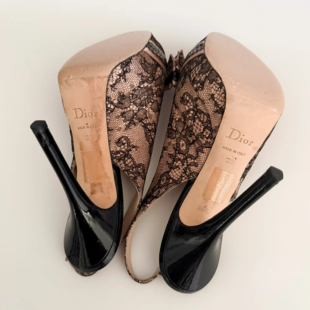Christian Dior Black & Blush Lace Bow Slingback Pump Heels (US 9