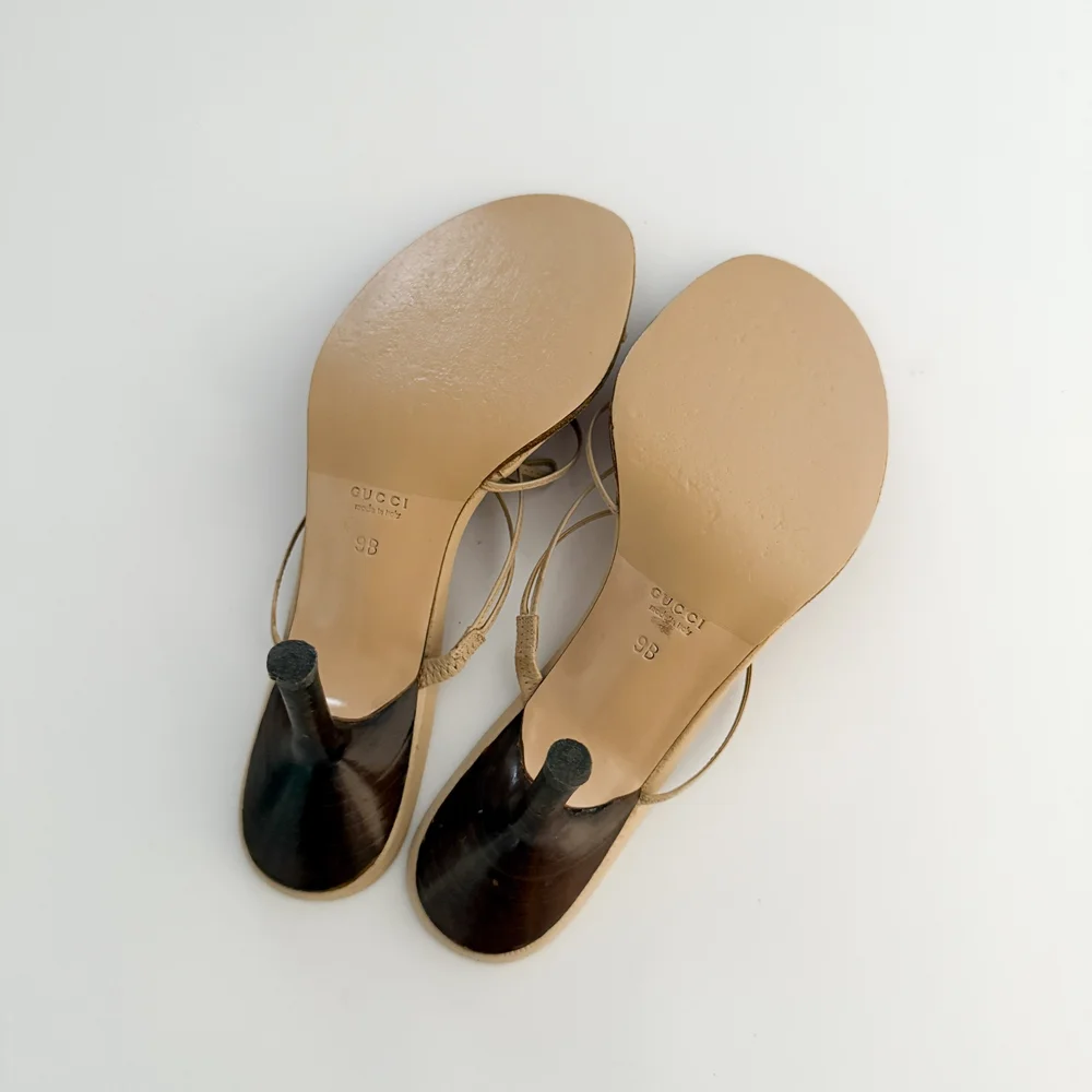 Gucci Beige Leather & Pink Bow Sandal Heels (US 9B / US 10