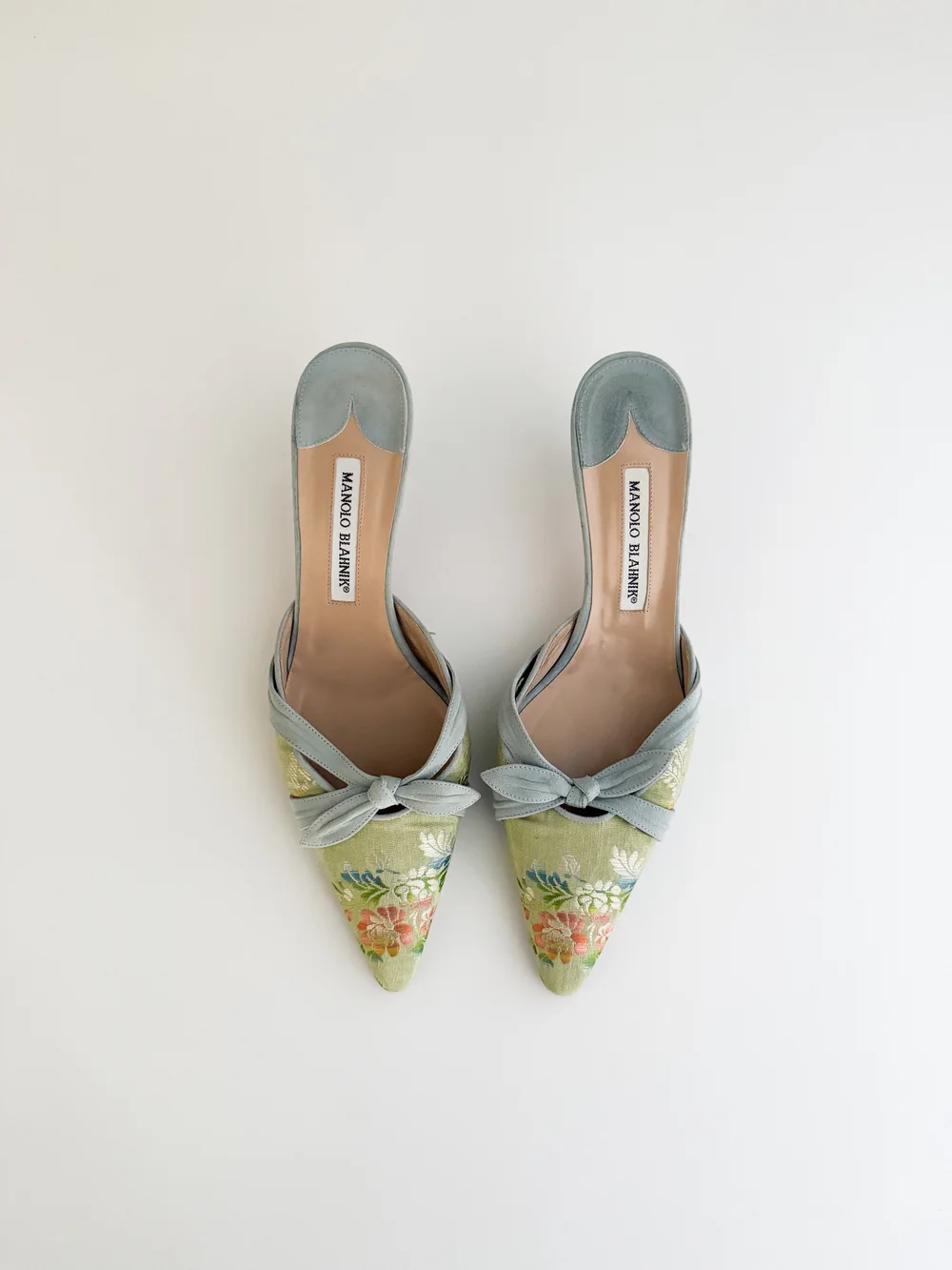 Manolo Blahnik Floral Bow Kitten Mule Heels (US IT