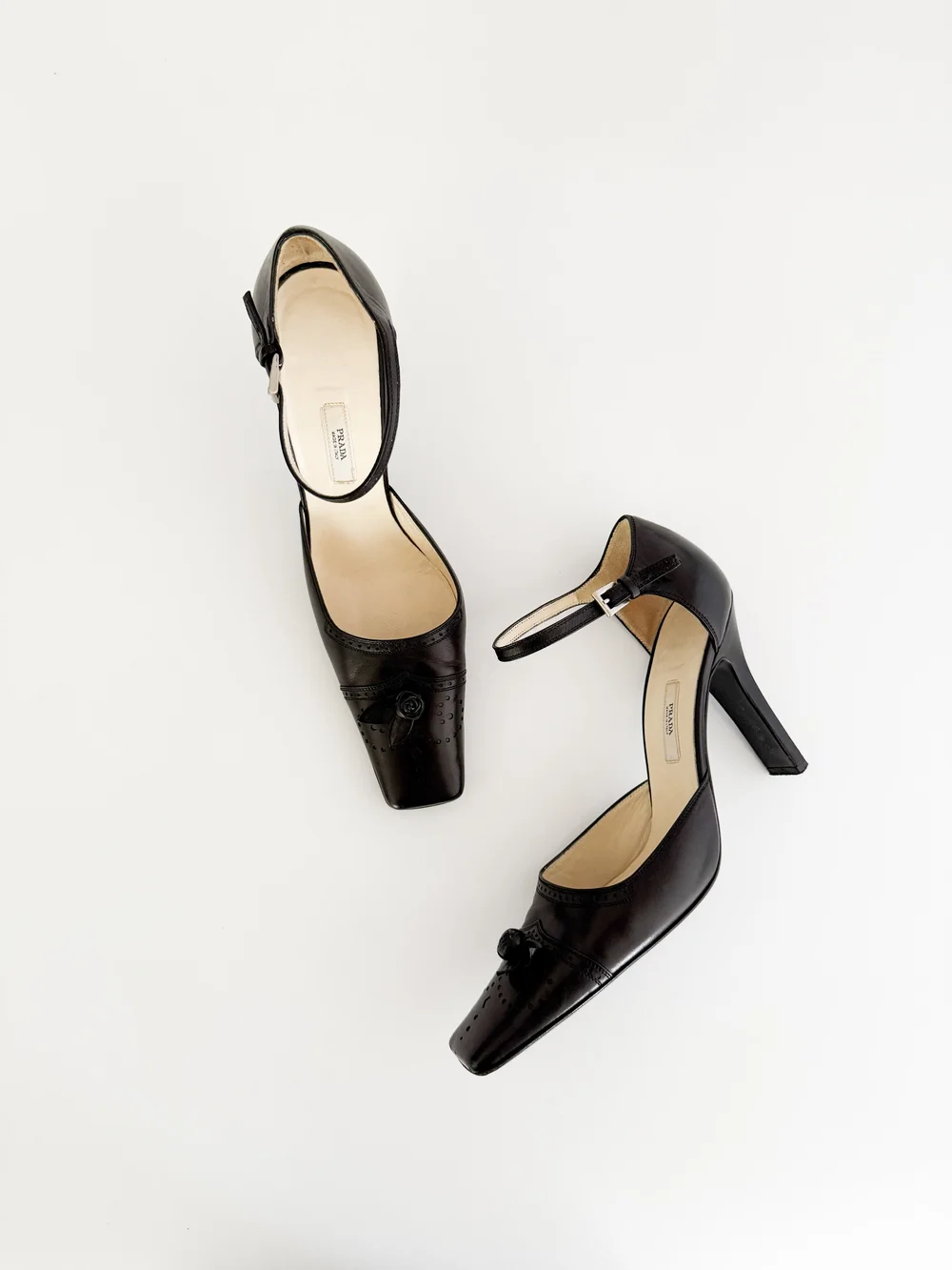 【my】Prada Leather Strap Heels PRADA Black Leather Metallic Gray Square Toe Ankle Strap