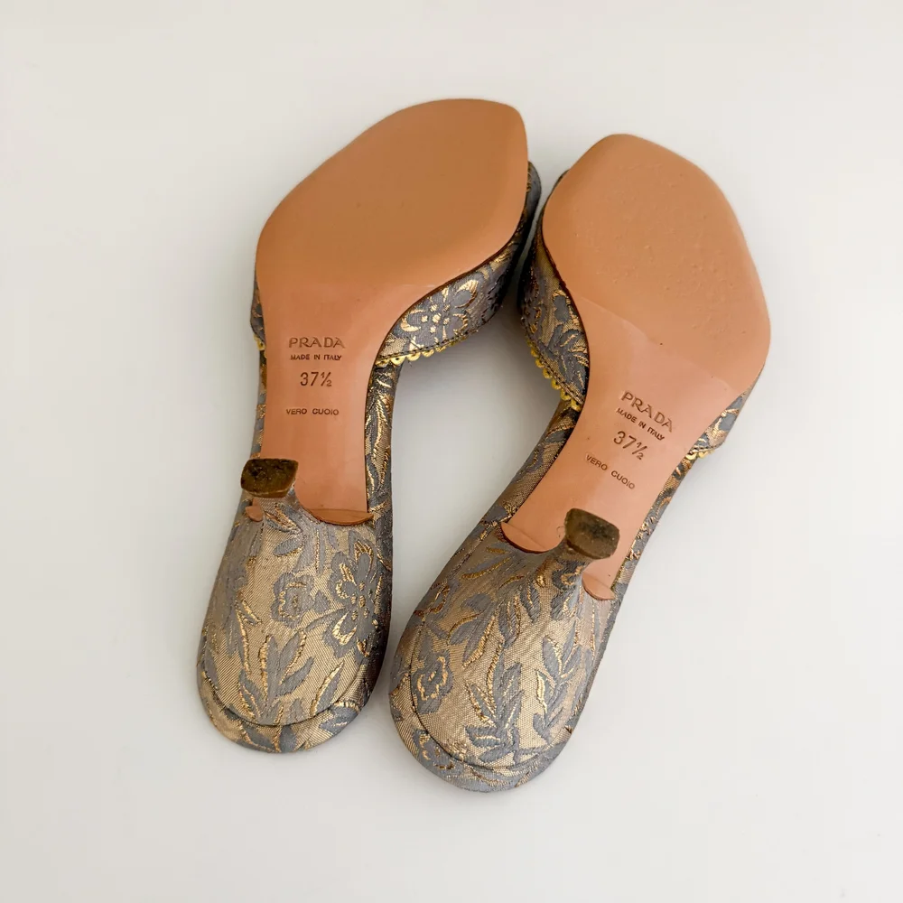 Prada Vintage Gilded Floral Sandal Heels (US 7.5 / IT 37.5