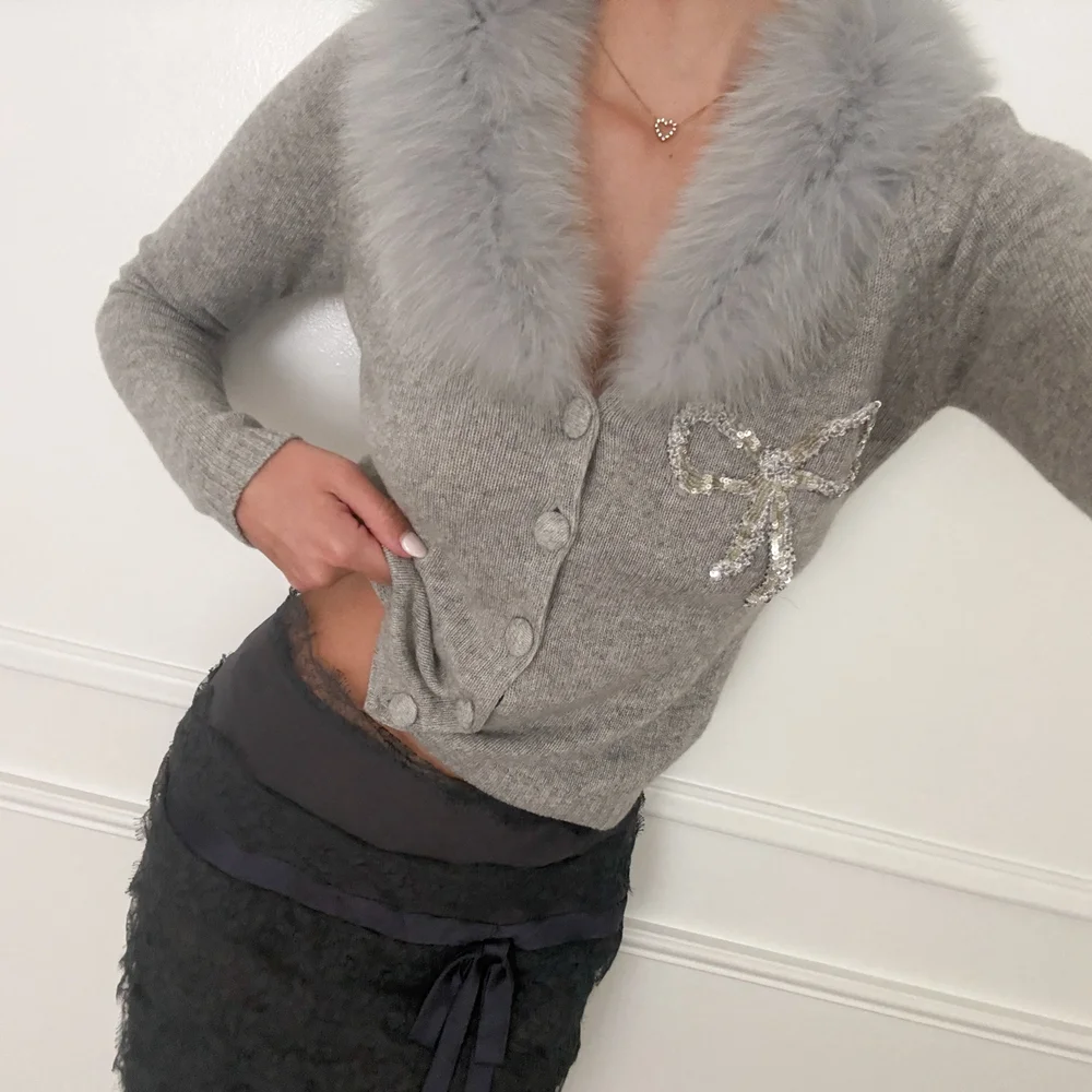 BLUGIRL BLUMARINE フラワーカーディガン Blugirl by Blumarine Gray Faux Fur Lined Sequin Bow Embellished