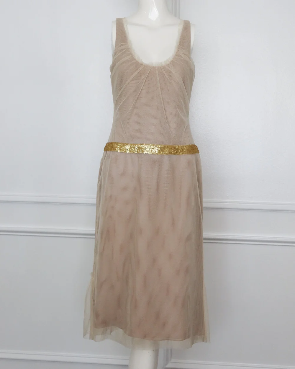 Vera Wang 2000's Beige Mesh & Golden Sequin Belted Dress (Small)  sororit.