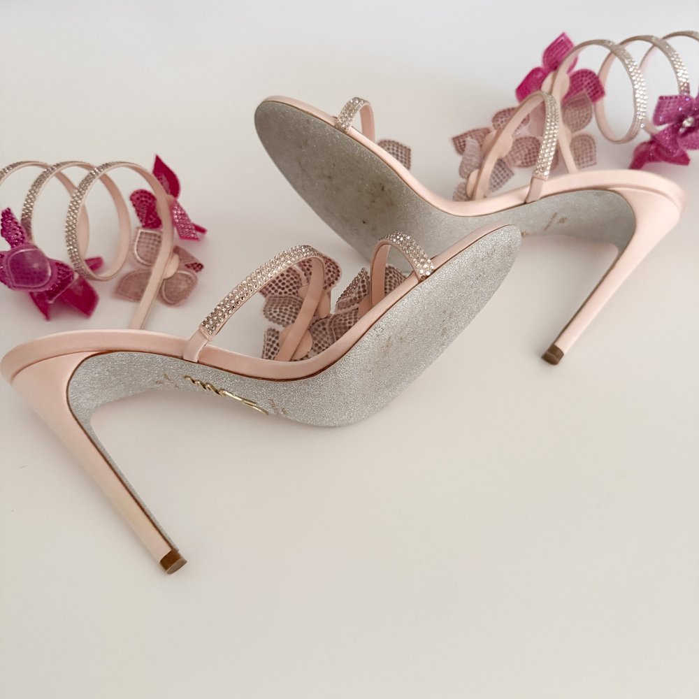 René Caovilla Luxurious Pink Floral Ankle Wrap Heels (US 7.5 / IT