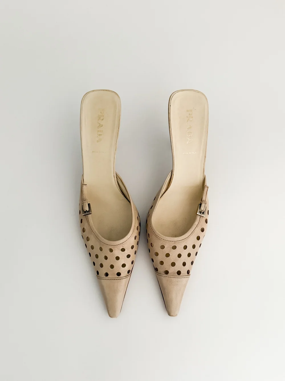 Prada Vintage Cream Leather Buckle Mule Heels (US 8.5 / IT 38.5
