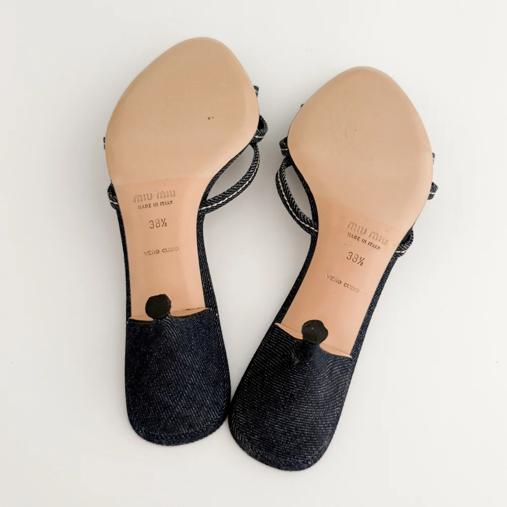 Miu Miu Vintage Denim Flower Sandal Heels (US 8 / IT 38.5) — sororité.