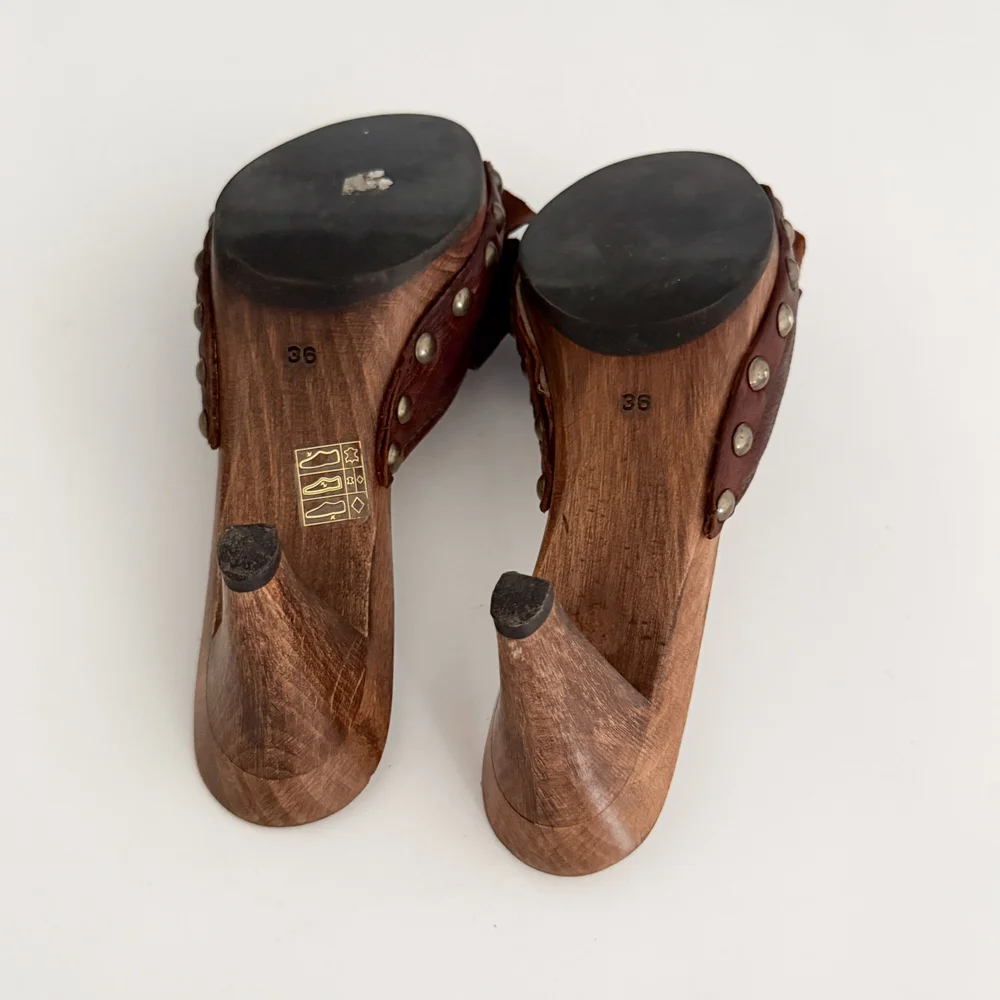 Miu Miu Vintage Brown Leather Wooden Clog Sandal Heels (IT 36