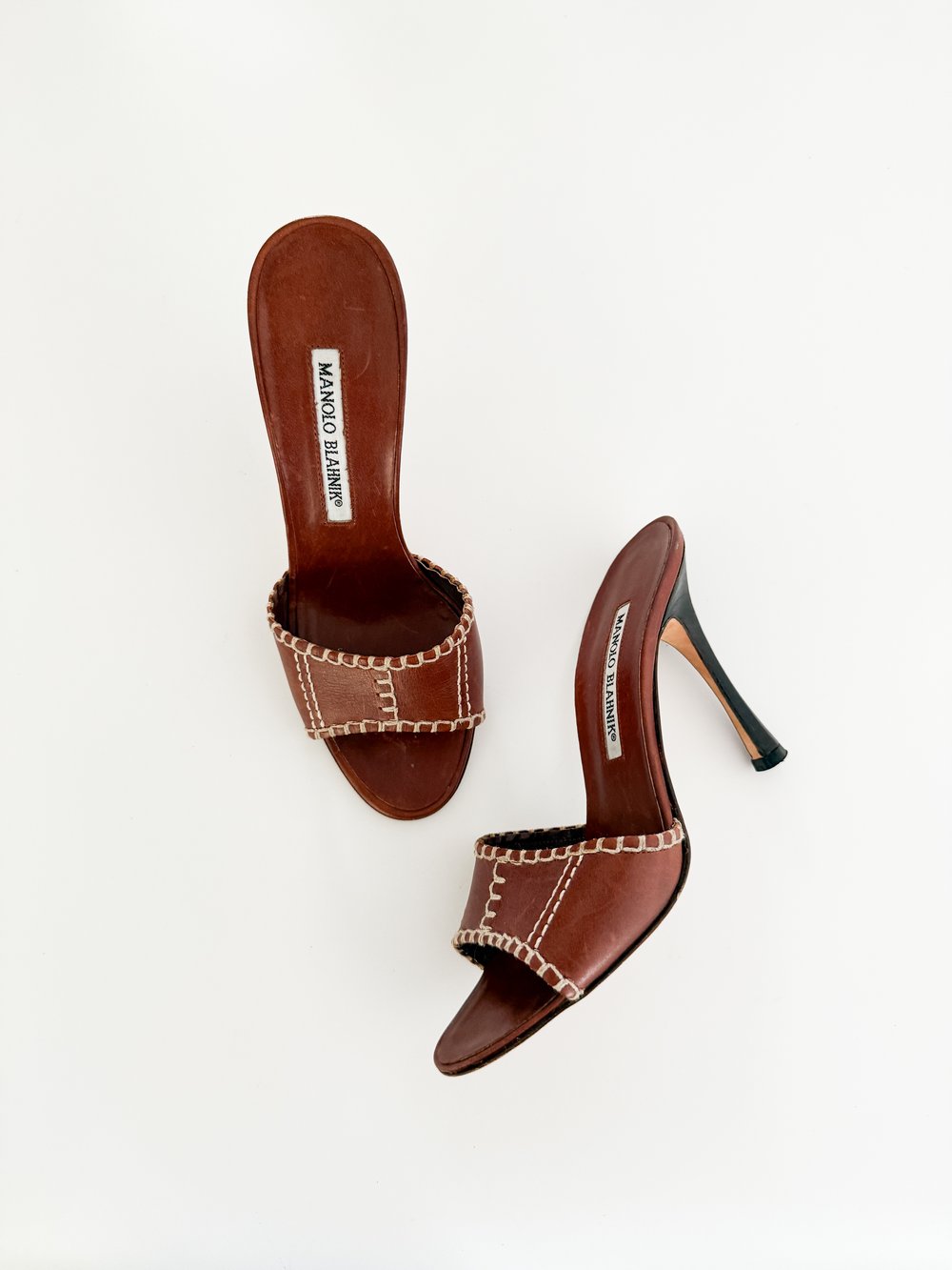 Manolo Blahnik Brown Leather Stitched Sandal Heels (IT 36 Manolo Blahnik Brown Leather Stitched Sandal Heels (IT 36