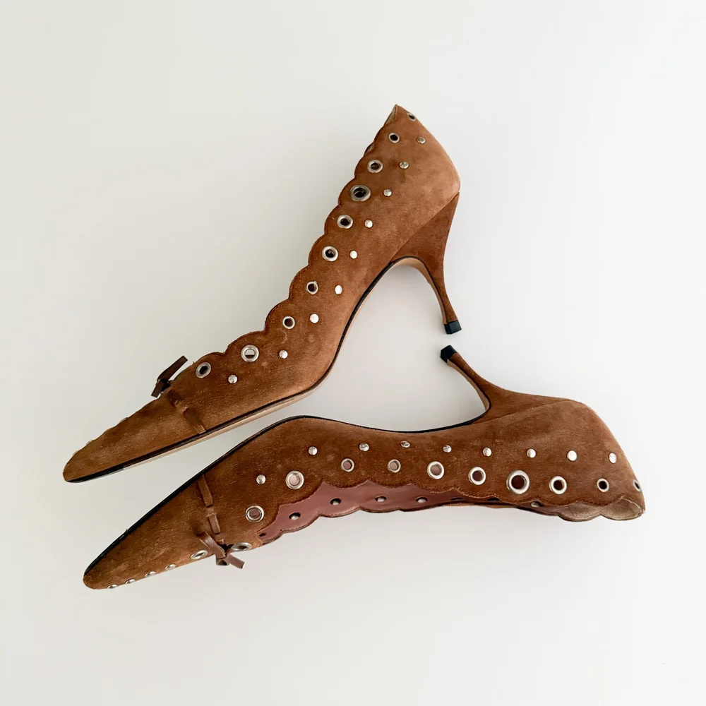 Prada Iconic Brown Eyelet Suede Bow Heels (US 10.5 / IT 40