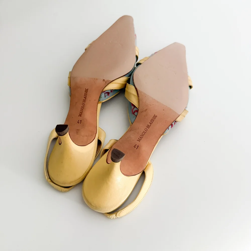 Manolo Blahnik Blue & Yellow Floral Slingback Kitten Bow