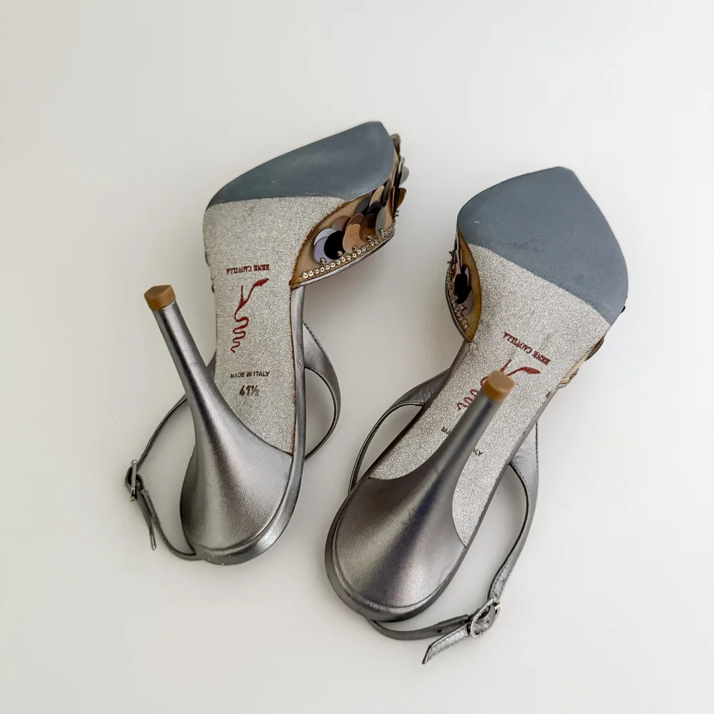 René Caovilla Silver Sequin Slingback Heels (US 11.5 / IT 41.5