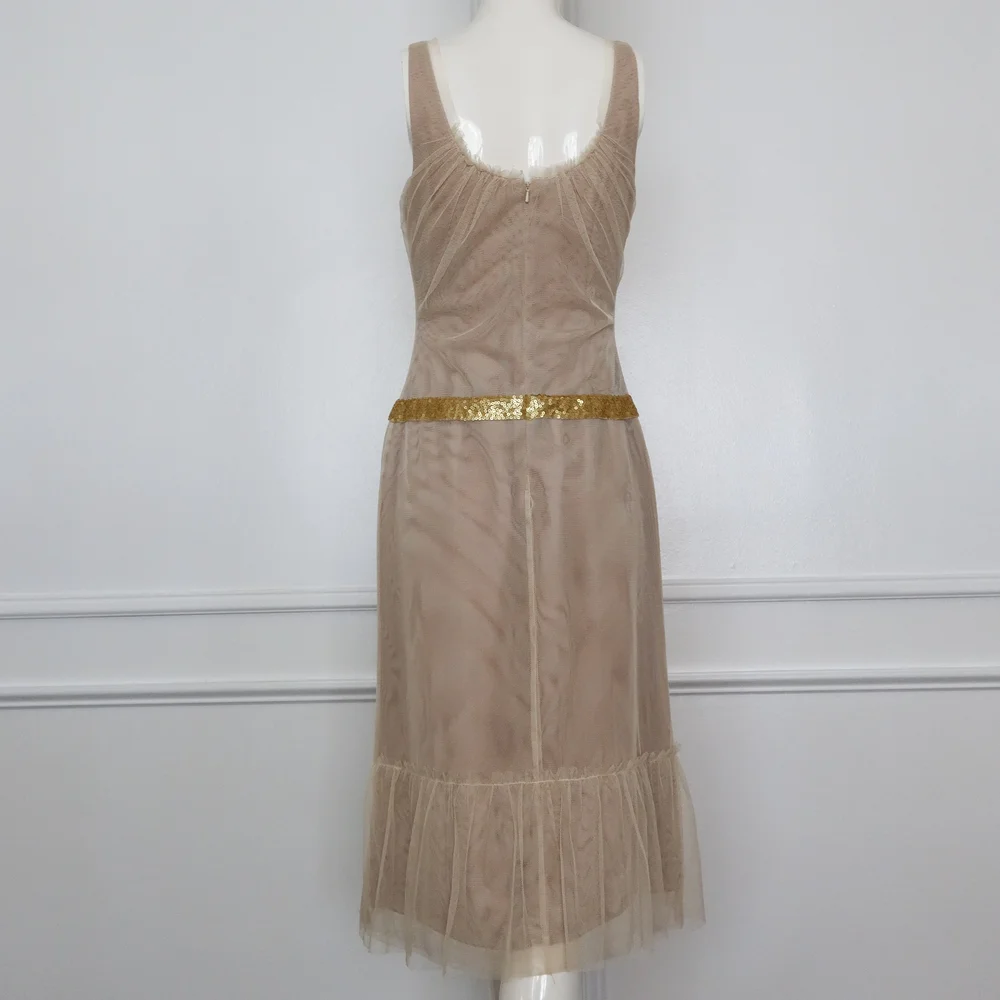 Vera Wang 2000's Beige Mesh & Golden Sequin Belted Dress (Small)  sororit.