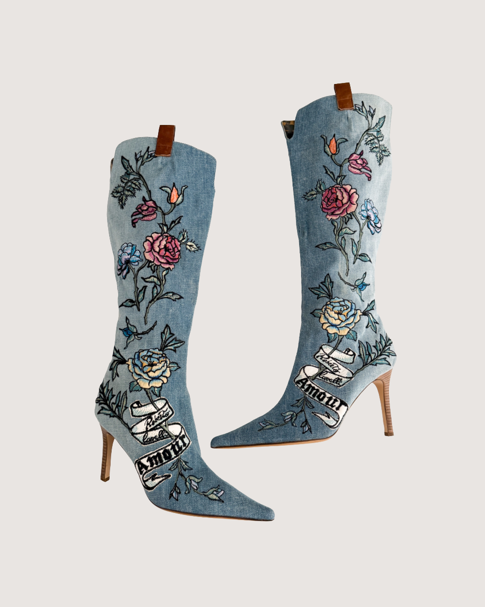 Roberto Cavalli S/S 2003 Vintage Tattoo Denim Boot Heels (US  display picture 1