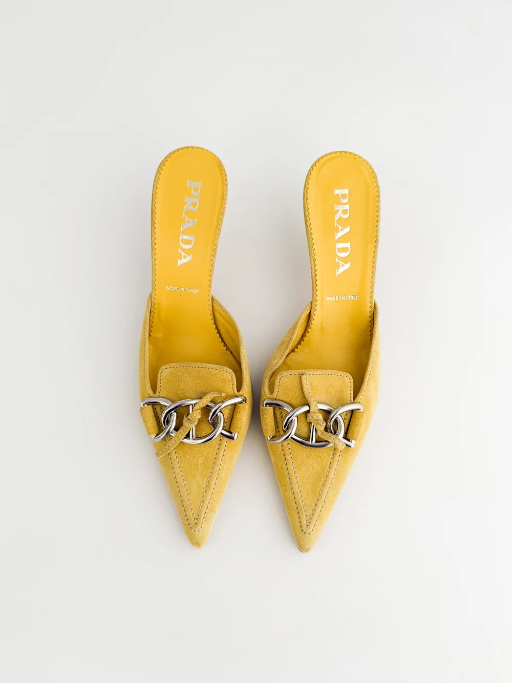 Prada Vintage Yellow Suede Chain Link Kitten Mule Heels (US