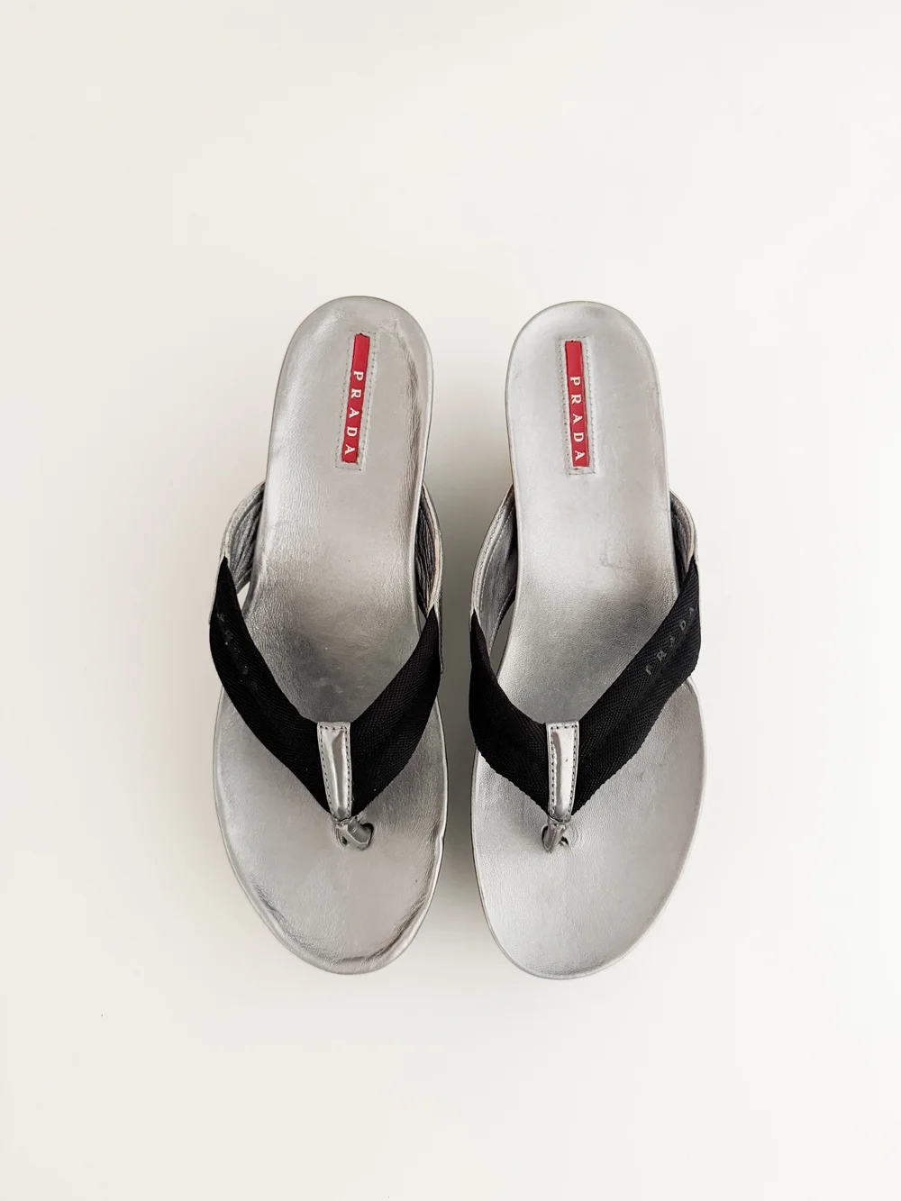 Prada Sport Vintage Silver Logo Platform Sandals (US 9.5 / IT 39.5