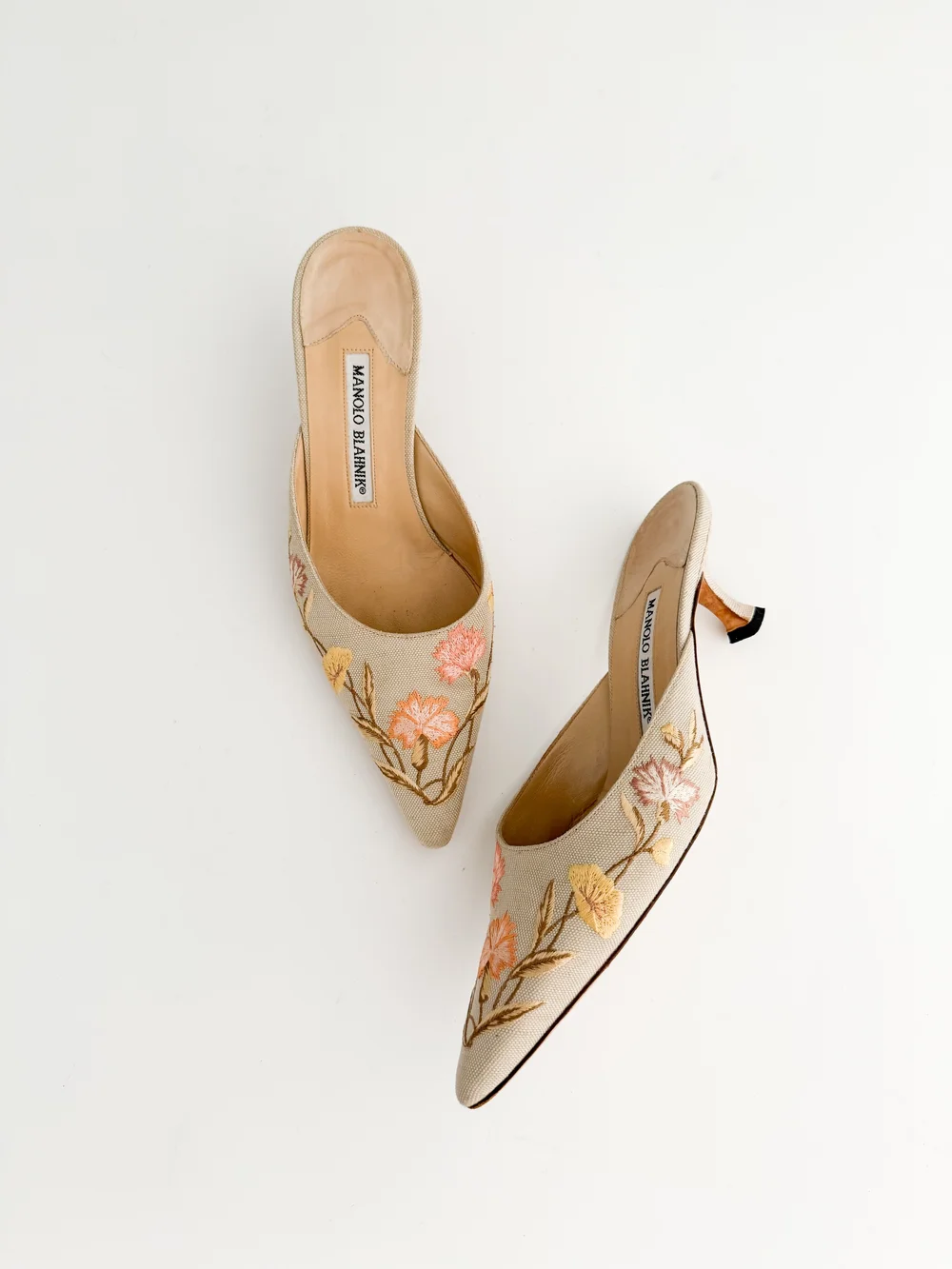 Manolo Blahnik Floral Embroidered Mule Heels (US 7 / IT 37