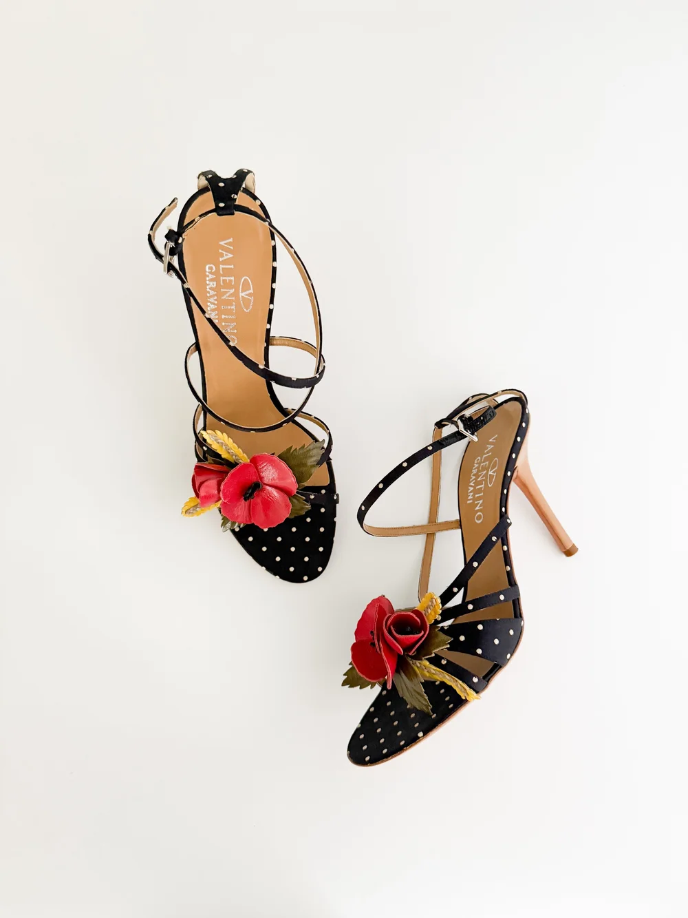 Valentino Garavani Black Polka Dot Red Flower Sandal Heels