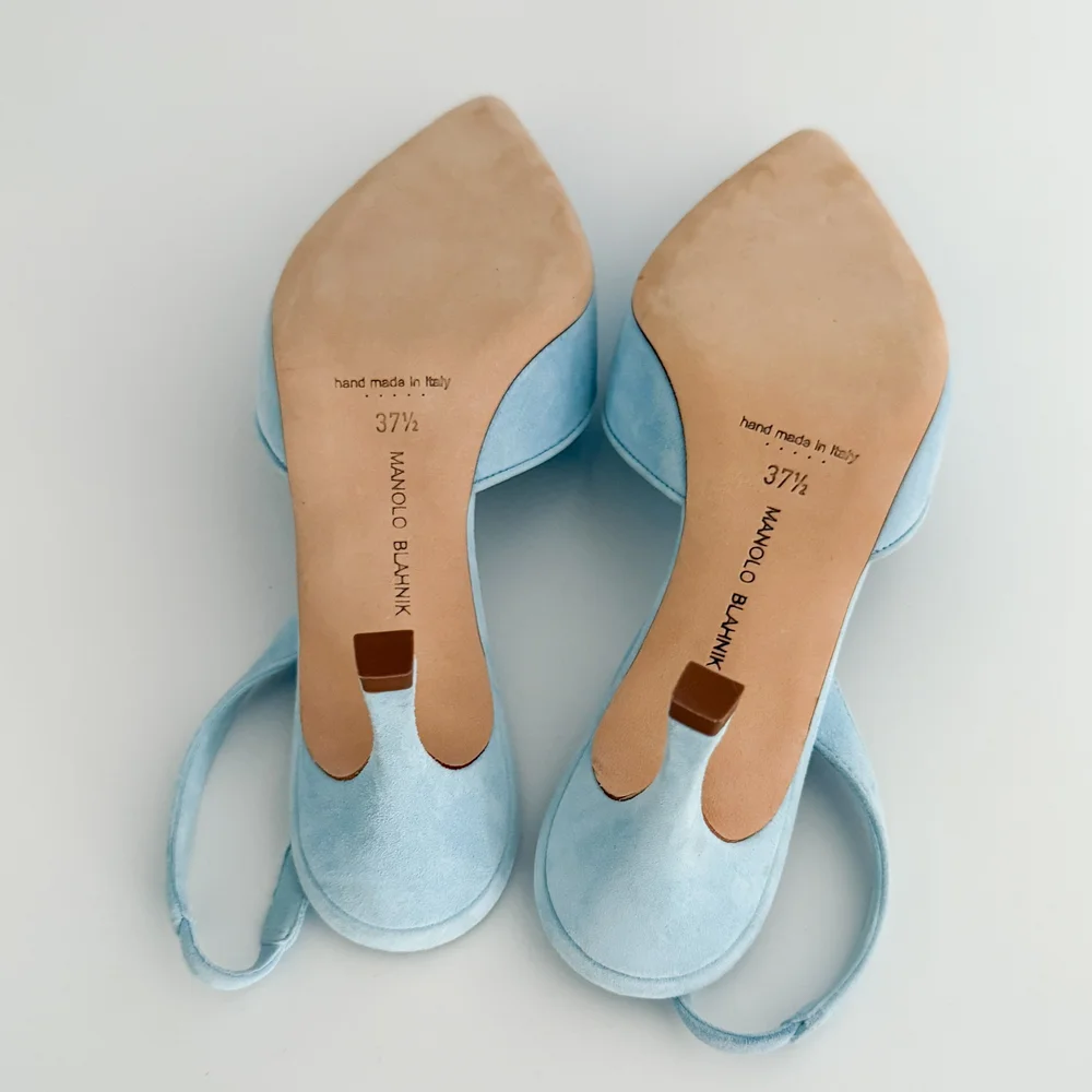 MANOLO BLAHNIK/37.5㌢/春カラー Manolo Blahnik Light Blue Buckle Slingback Mule Heels (US