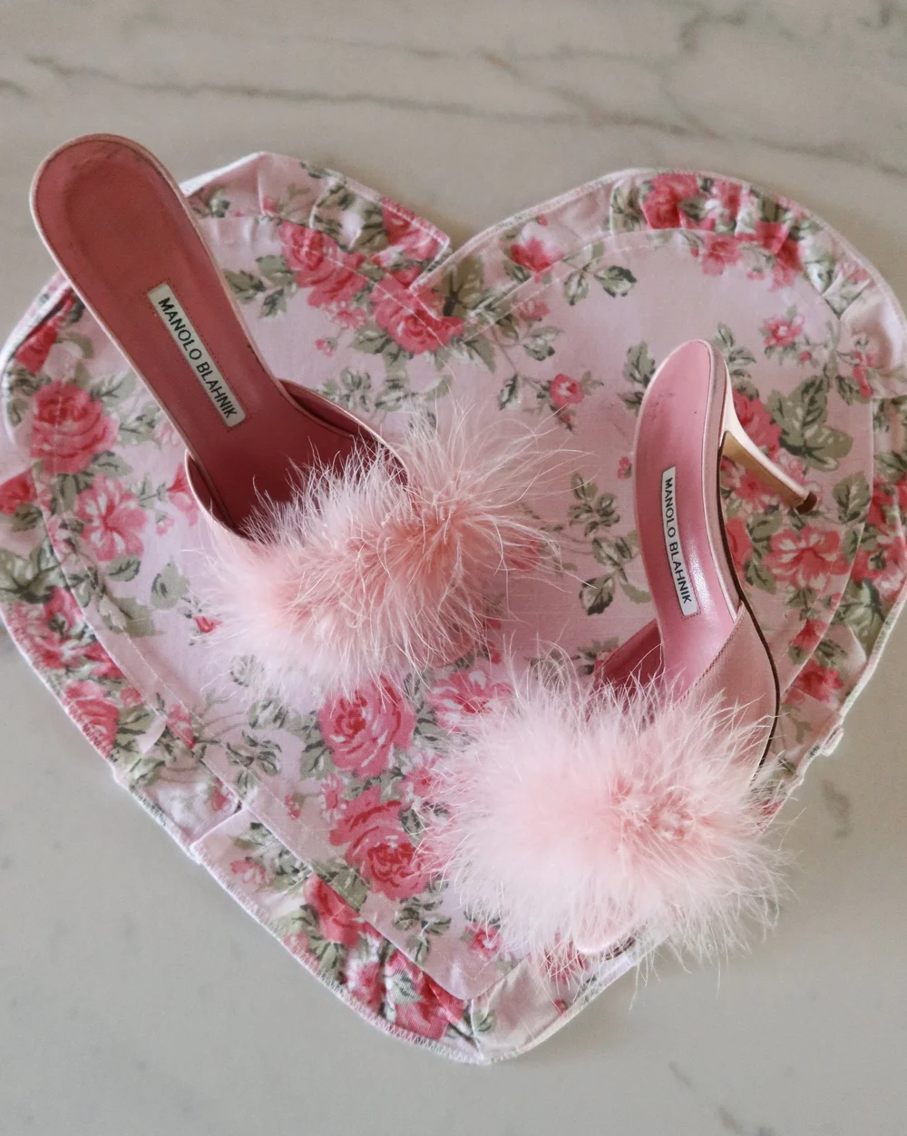 Manolo Blahnik Pink Feather Boa Satin Heels (US 9 / IT 39