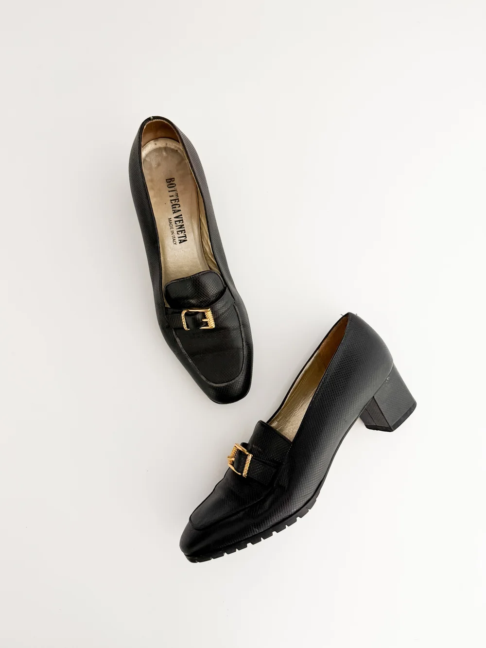 Bottega Veneta Vintage Black Leather Gold Buckle Loafer Heels (US 8 B / US  8.5)  sororit.