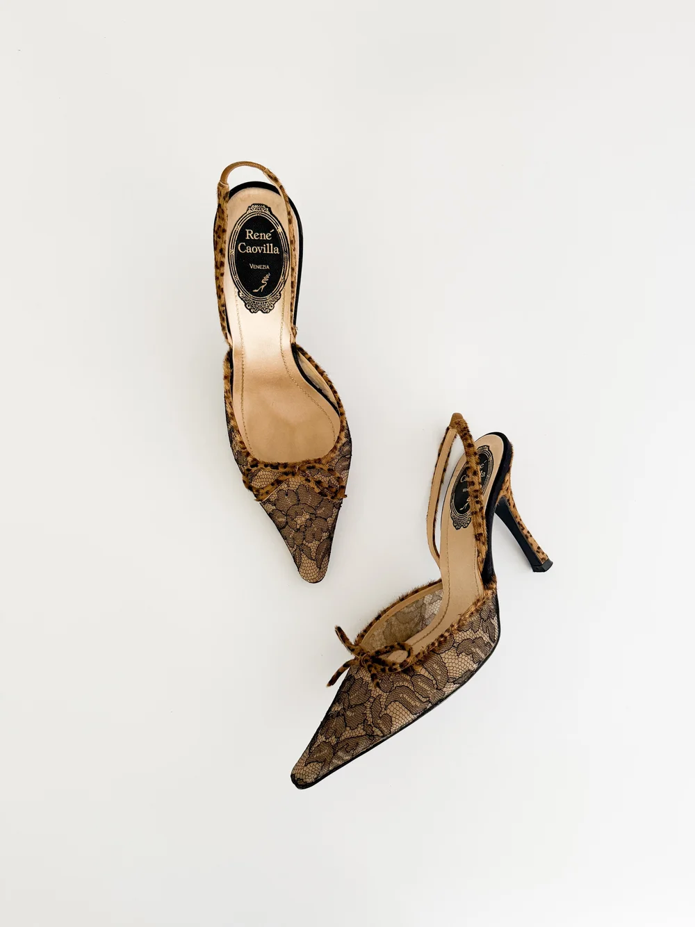 René Caovilla Luxurious Italian Lace Leopard Bow Slingback