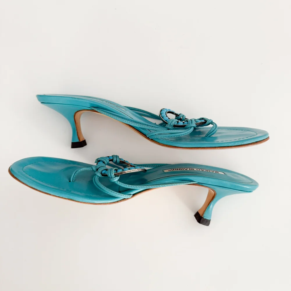 Manolo Blahnik Vintage Turquoise Beaded Kitten Sandal Heels