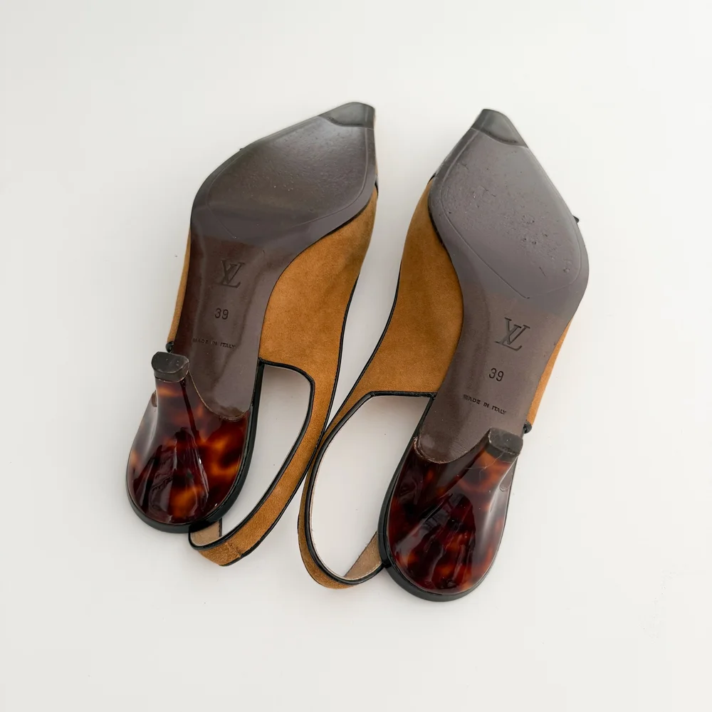 Louis Vuitton Vintage Flower Logo Suede Slingback Tortoise Shell