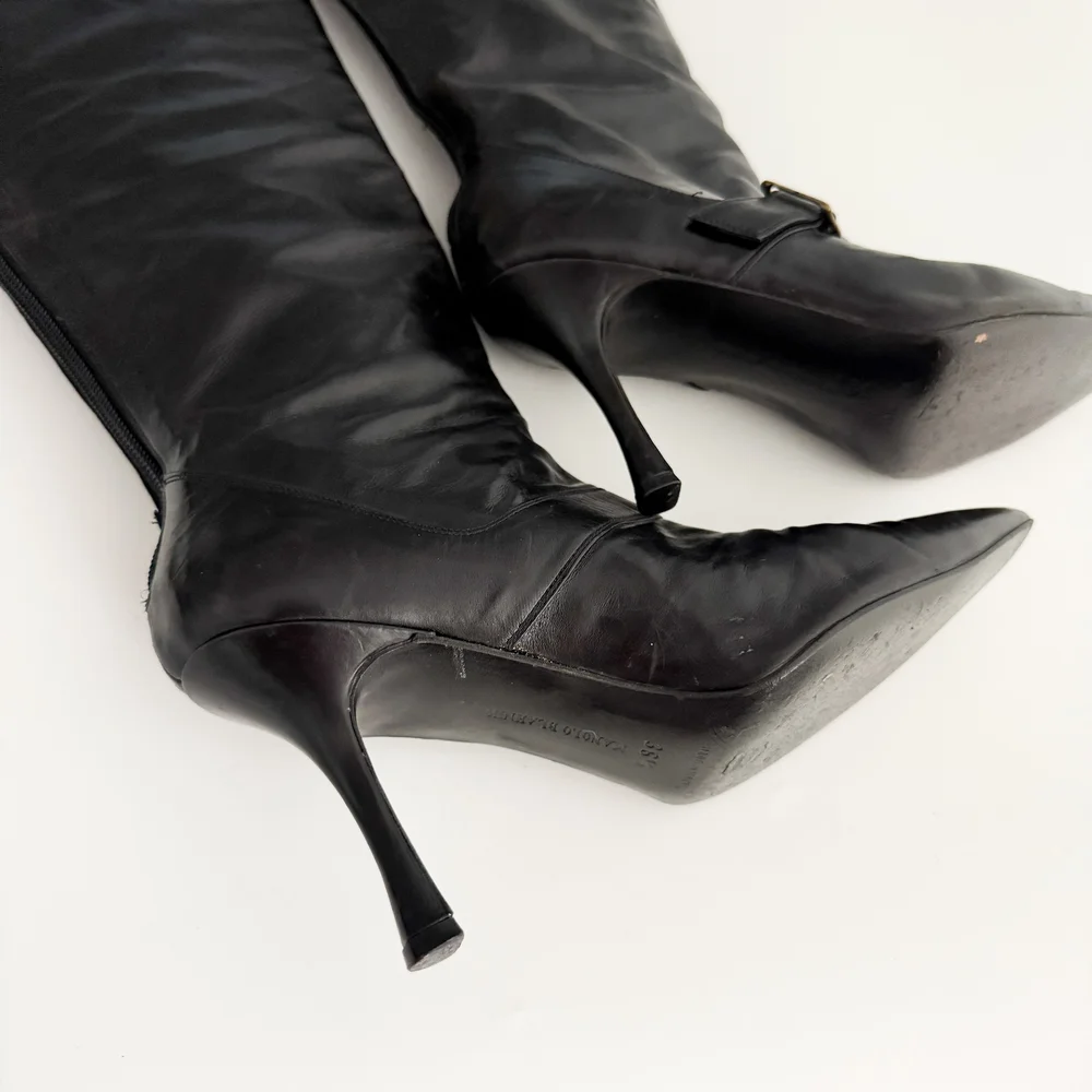 Manolo Blahnik Italian Black Leather Buckle Knee High Boot Heels (IT 36.5)   sororit.