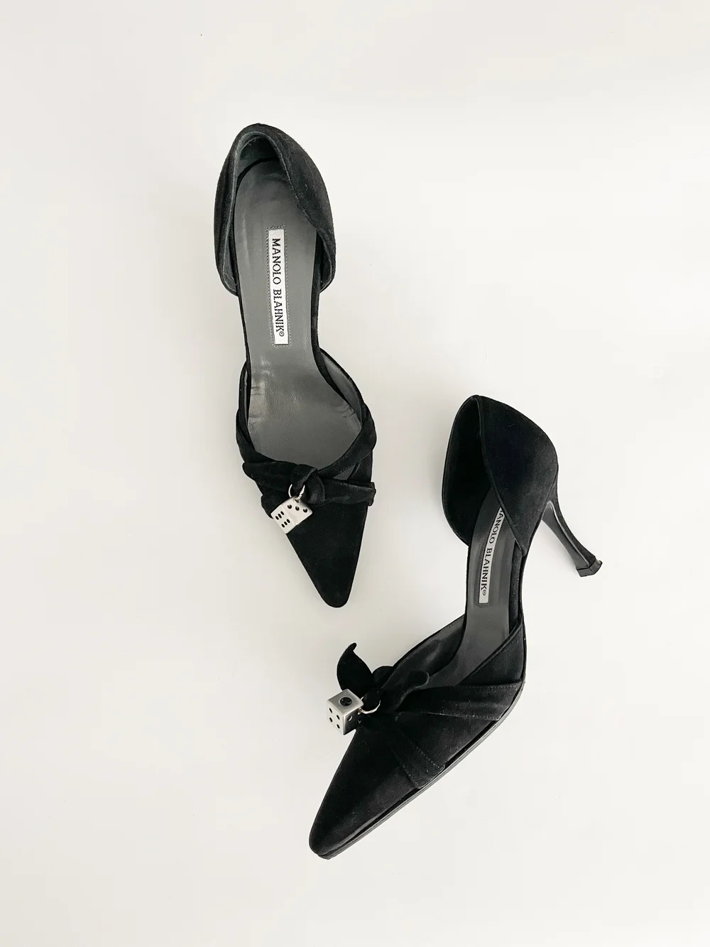 Manolo Blahnik Black Suede Bow Heels With Reworked Silver Dice Accents (IT  36) —