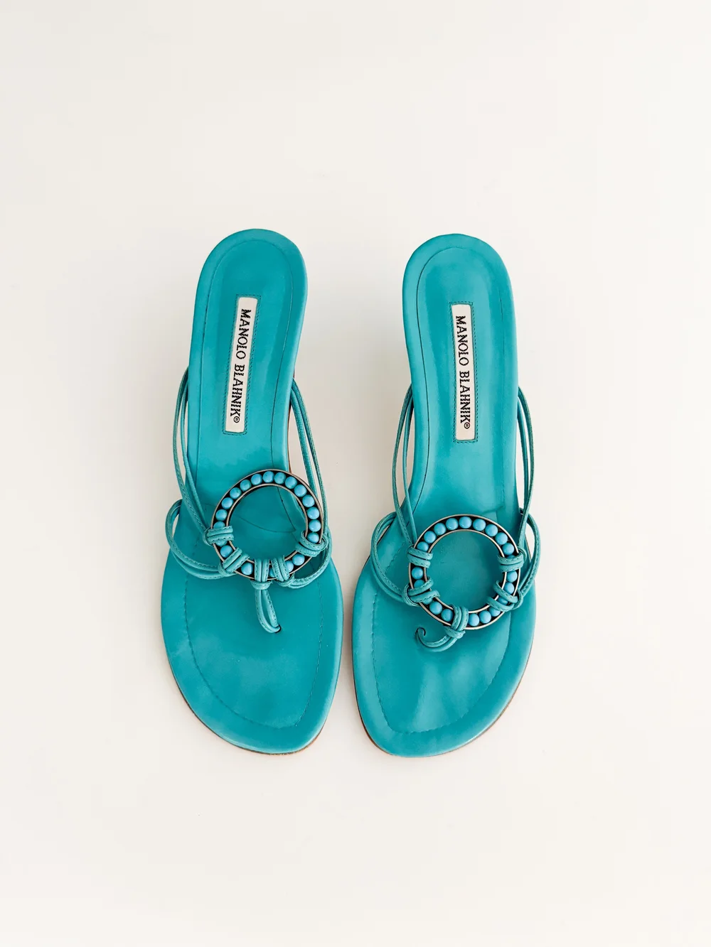 Manolo Blahnik Vintage Turquoise Beaded Kitten Sandal Heels