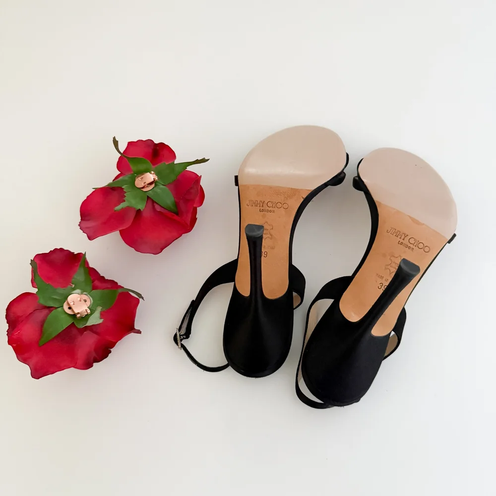Jimmy Choo Black Strappy Sandal Heels With Red Rose Clips (US 8.5