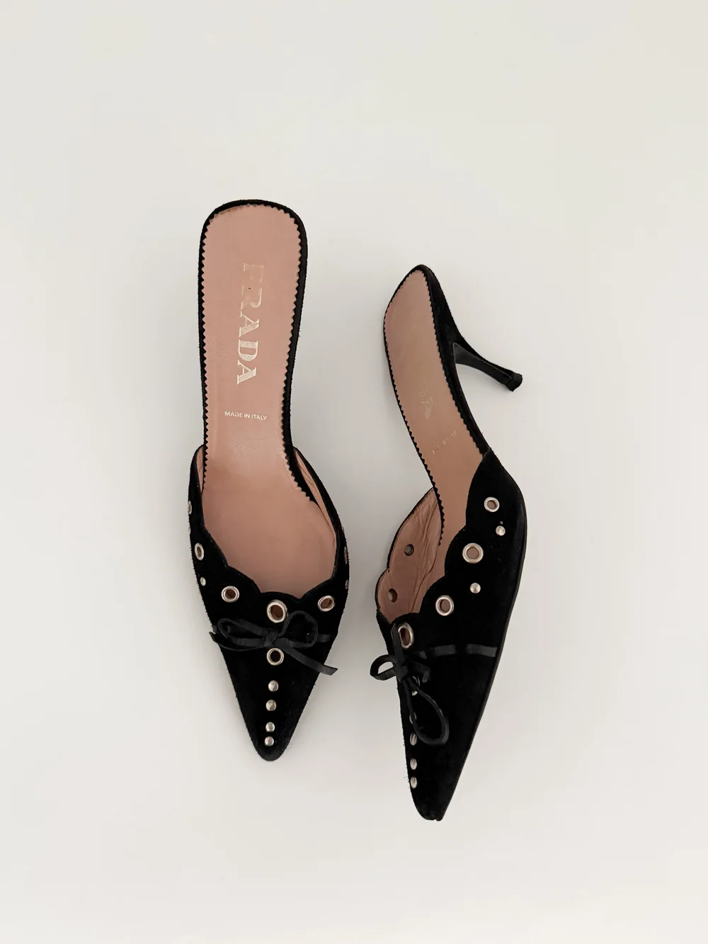 Prada Iconic Black Eyelet Bow Mule Heels (US 8.5 / IT 38.5