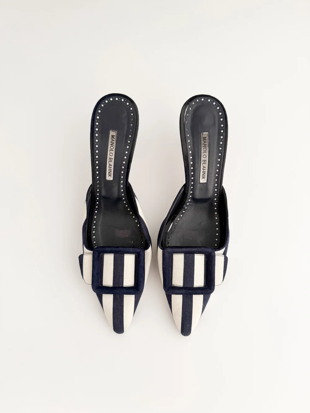 Manolo Blahnik Dark Blue & White Stripe Buckle Mule Heels