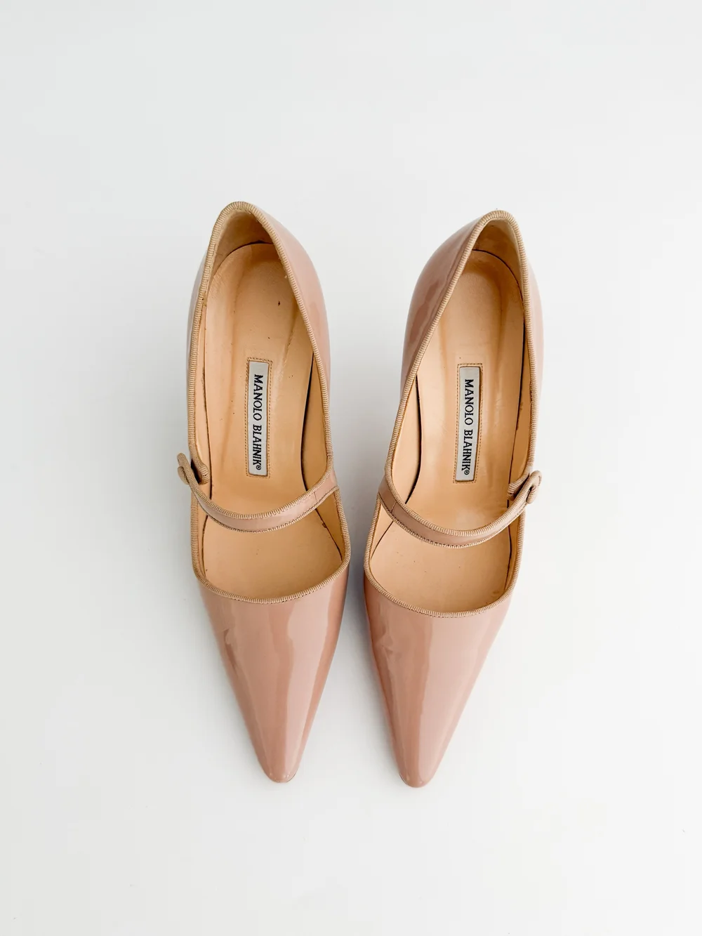 Manolo Blahnik Iconic Tan Patent Leather Mary Jane Heels (US