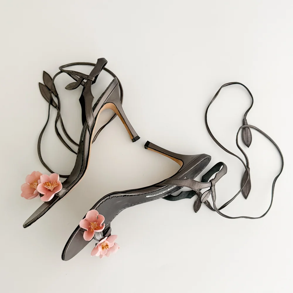 Manolo Blahnik Sakura Cherry Blossom Metallic Ankle Wrap