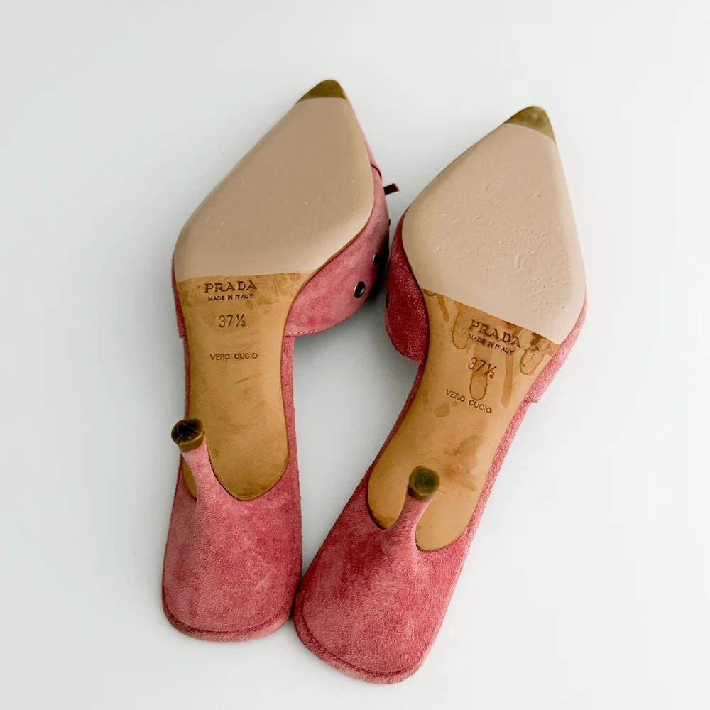 Prada Iconic Pink Eyelet Bow Mule Heels (US 7.5 / IT 37.5