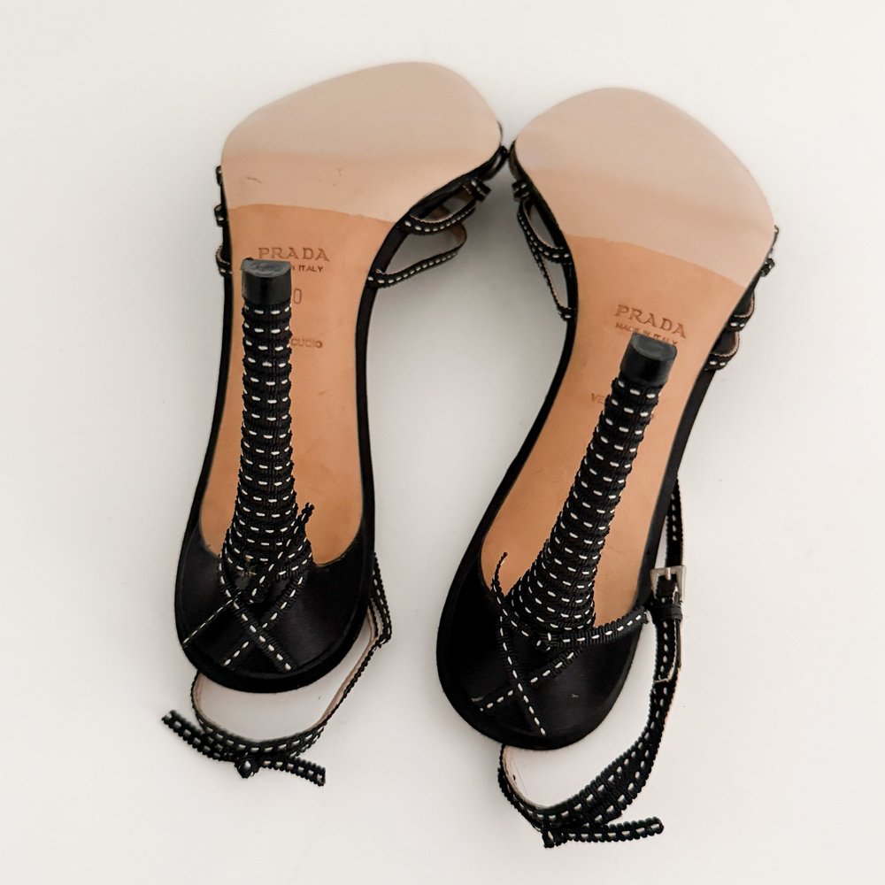Prada Vintage Black & White Ribbon Bow Sandal Heels (US 10 / IT 40