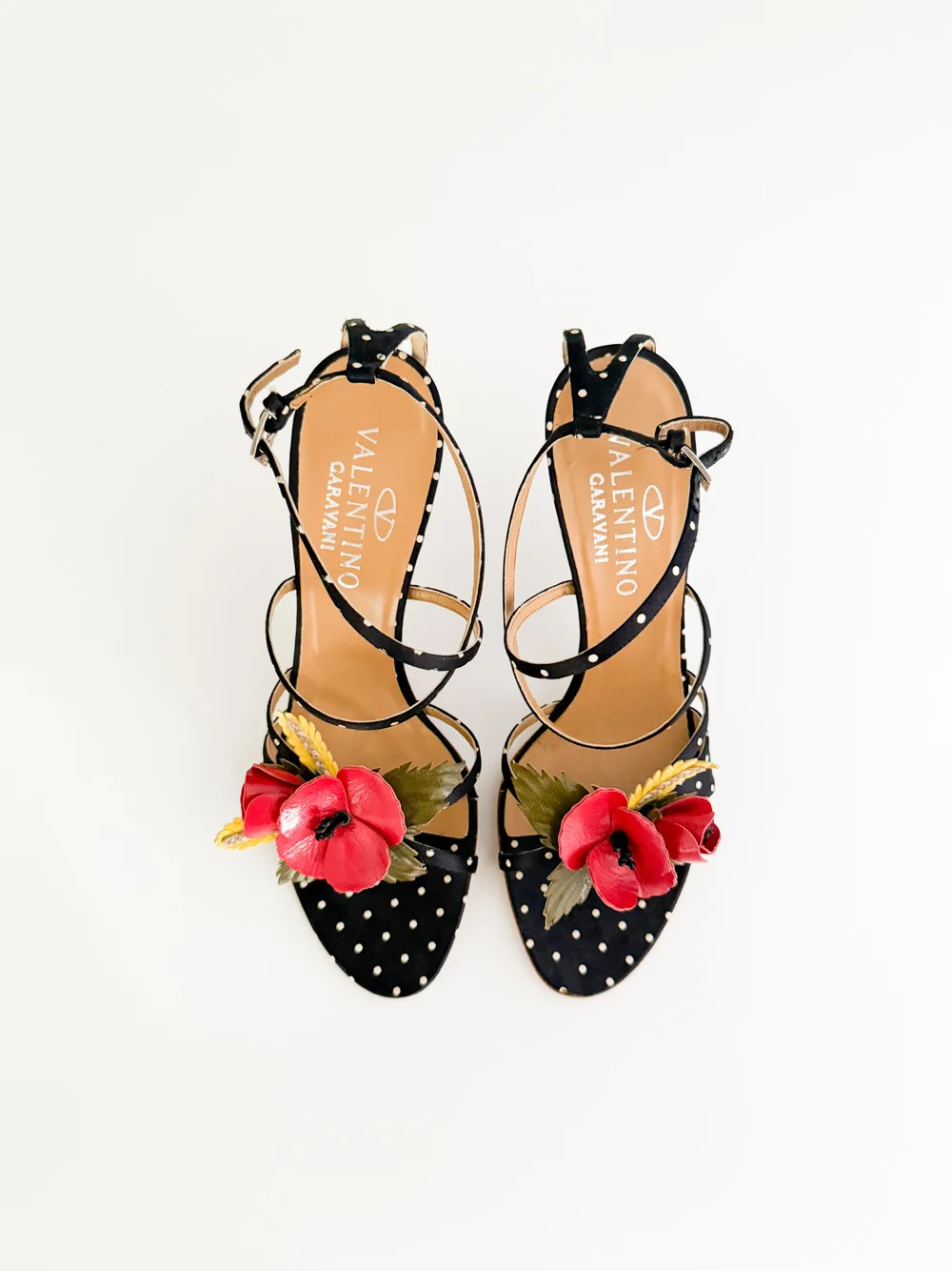 Valentino Garavani Black Polka Dot Red Flower Sandal Heels