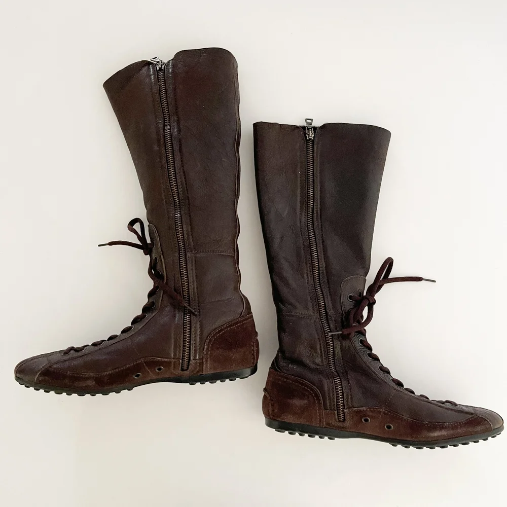 Prada Vintage Dark Brown Leather Lace-Up Car Boot Shoes (US