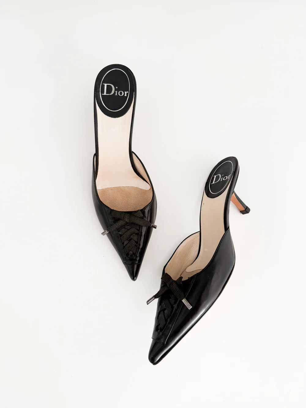 Christian Dior Black Leather Lace-Up Bow Mule Heels (US 8 / IT 39