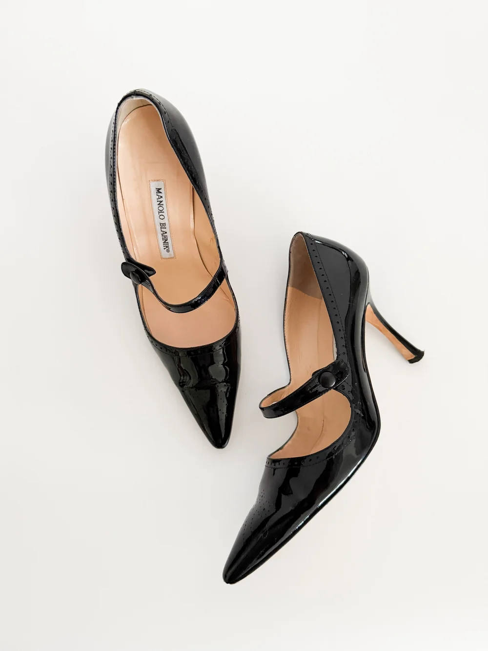 Manolo Blahnik Iconic Black Patent Leather Mary Jane Heels - As